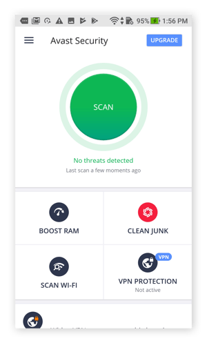 The main menu on Avast Mobile Security for Android, showing the Scan button