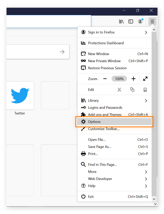 Im Drop-down-Menü des Mozilla-Browsers ist „Optionen“ ausgewählt.