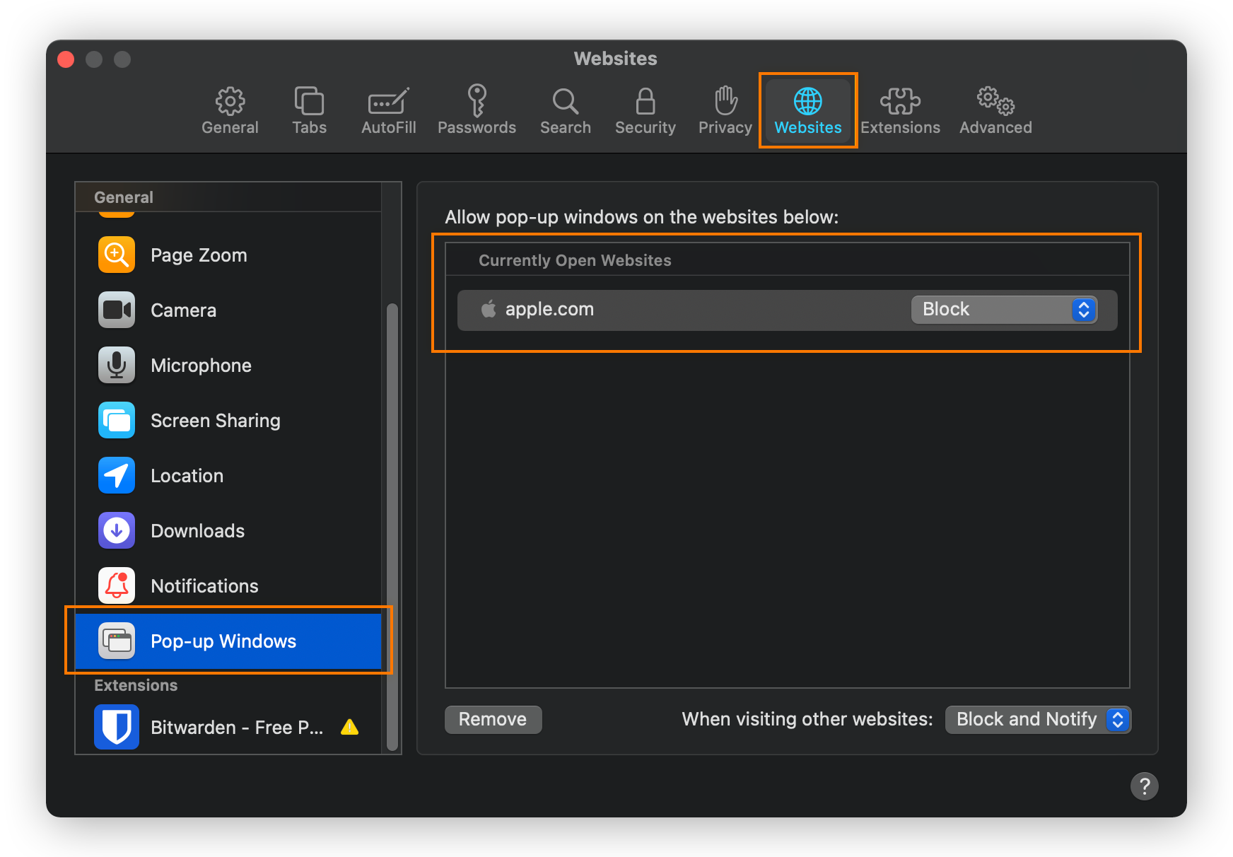 Blocking pop-up windows for currently open websites under the Websites tab in Safari Preferences