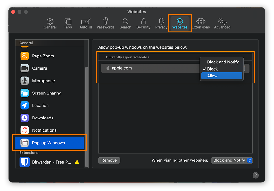 Allowing pop-up windows for currently open websites in Safari