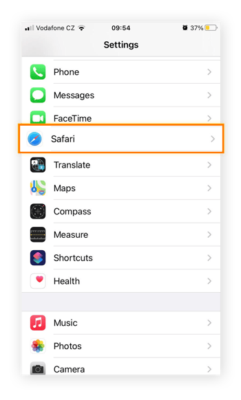 highlighting Safari in Apple mobile Settings