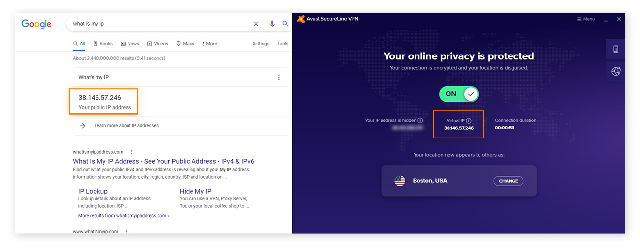 Vergleichen Ihrer virtuellen IP-Adresse in Avast SecureLine VPN mit Ihrer öffentlichen IP-Adresse mithilfe einer Google-Suche