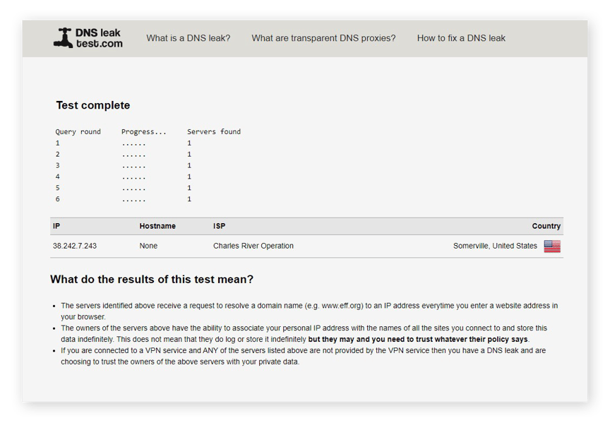 Durchführen eines erweiterten DNS-Tests auf DNSLeakTest