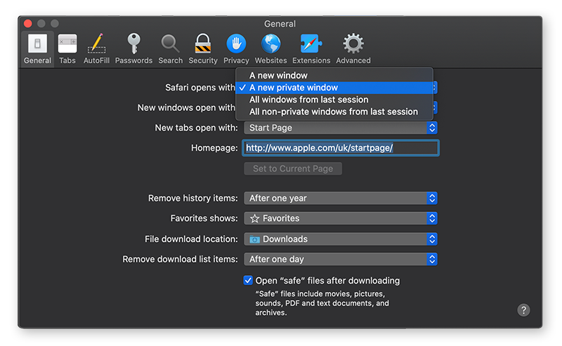 google safari incognito Setting Safari to open with a new private window in the Safari preferences for macOS