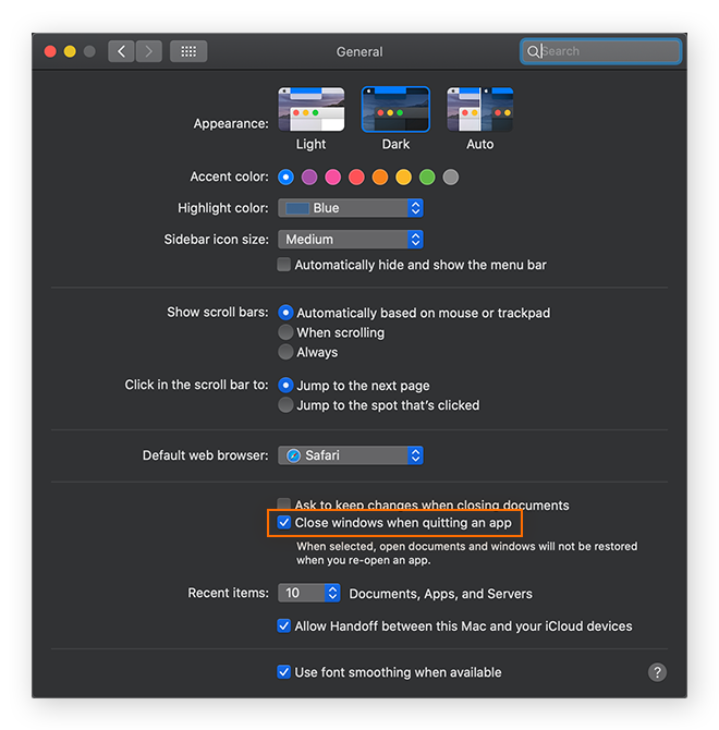 Configuring macOS to close windows when quitting an app from the General section of the System Preferences