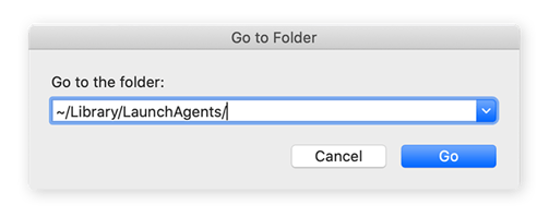 Dialogfeld „Gehe zu Ordner“ mit Eingabe „~/Library/LauchAgents/“ in der Suchleiste.