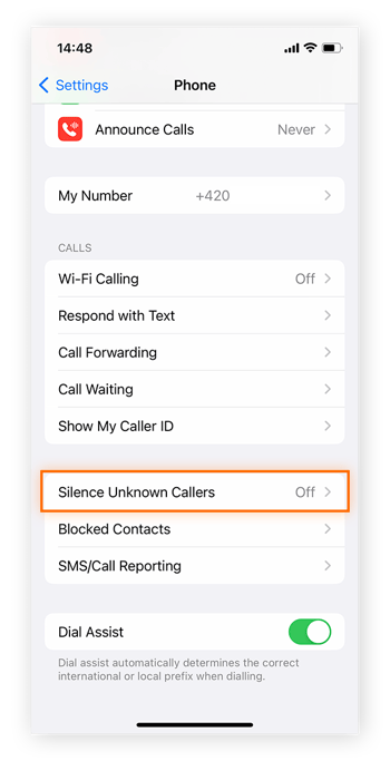L’option Appels d’inconnus silencieux est mise en surbrillance.