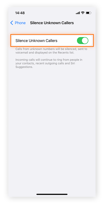 Le commutateur situé en regard de l’option Appels d’inconnus silencieux est mis en surbrillance.