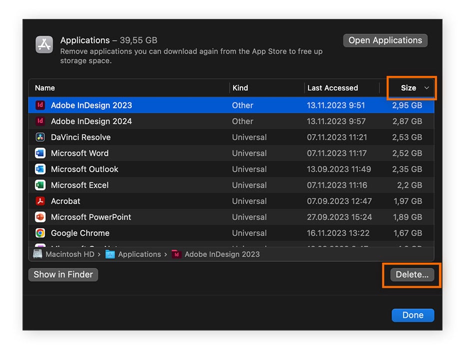 Examen d’une liste d’applications dans la fenêtre de stockage de macOS.
