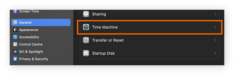 Menu Général de macOS, avec l’option Time Machine mise en évidence.
