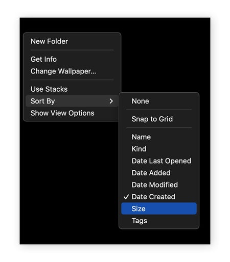 Tri des éléments du bureau en fonction de leur taille sous macOS.