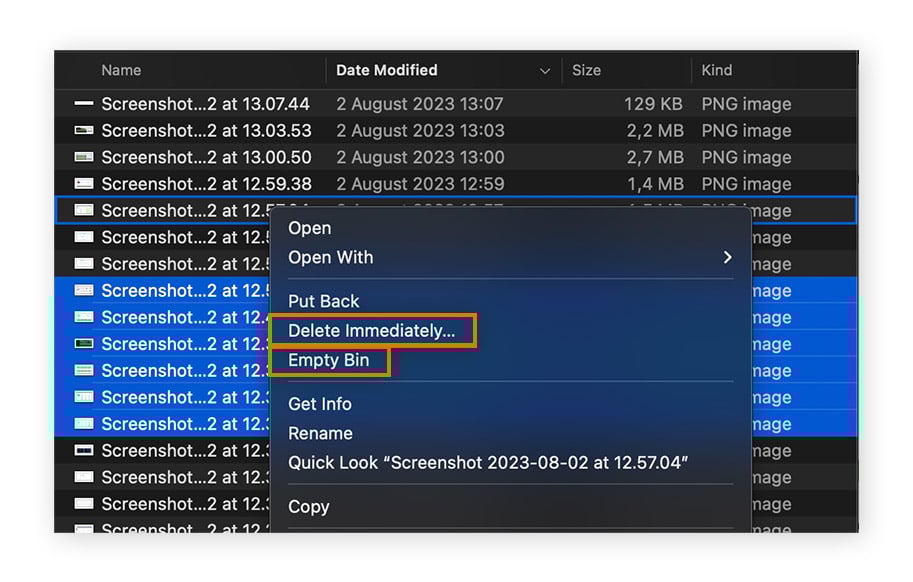 Suppression de plusieurs éléments dans la corbeille sous macOS.