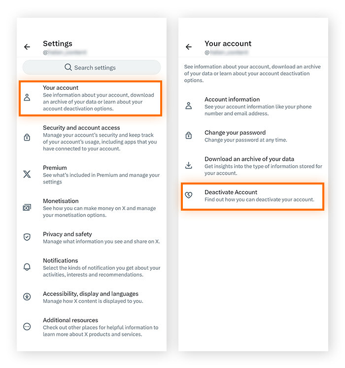 In the X Settings and privacy menu, tap Your account, then Deactivate Account.