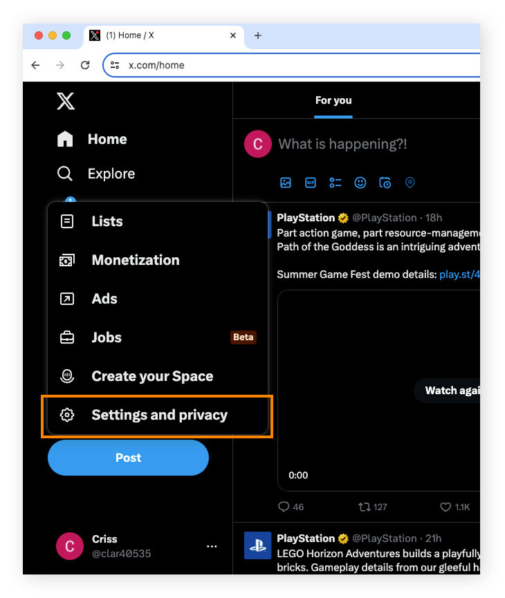 In the new pop-up menu, click Settings and privacy.