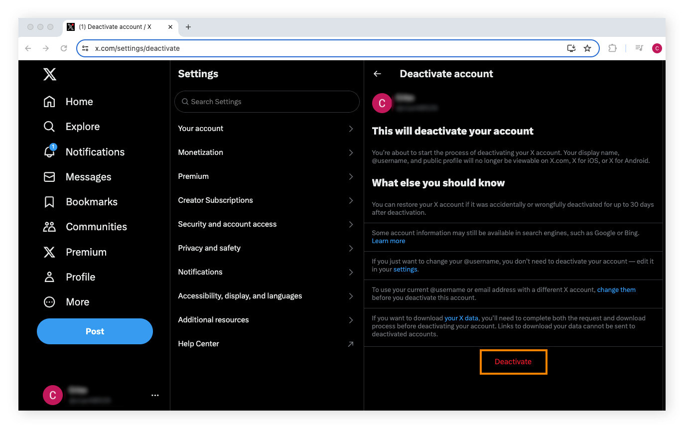Read through the info about deactivating X accounts and click Deactivate.