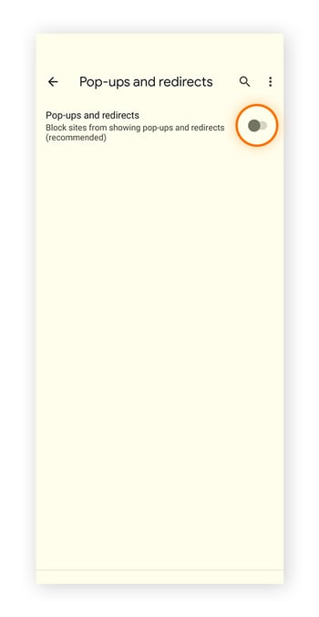 Die Einstellungen für Popups und Weiterleitungen für Google Chrome auf einem Android-Smartphone, wobei der Schieberegler nach links gesetzt werden muss, um Popups zu verhindern