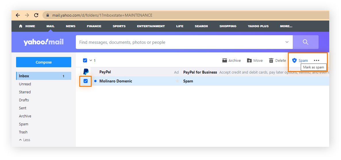 Melden von Spam bei Yahoo Mail