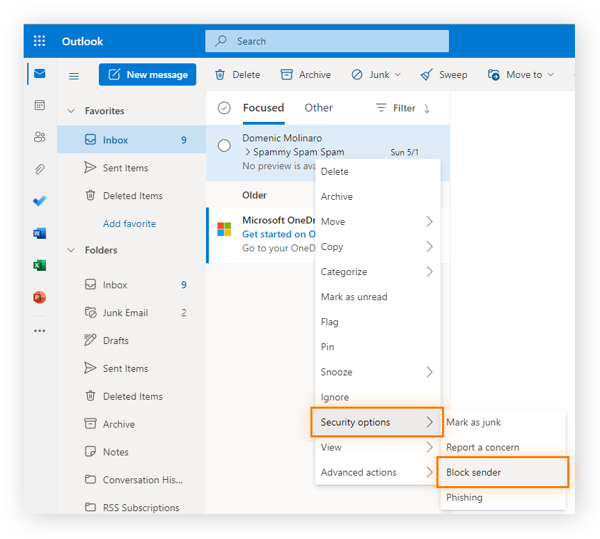 Blockieren eines Absenders in Outlook