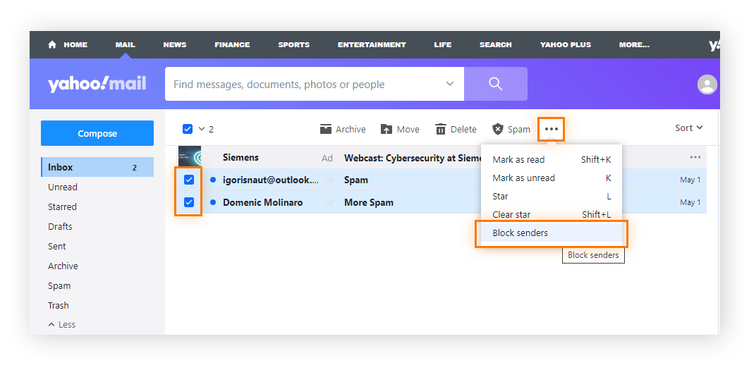 Blockieren von Absendern in Yahoo Mail