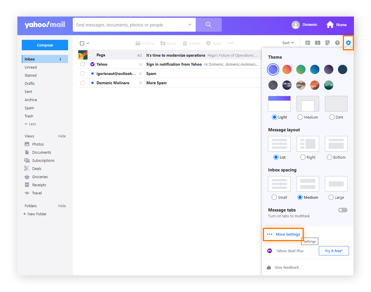 Hervorhebung des Zahnradsymbols und von „Weitere Einstellungen“ in Yahoo Mail