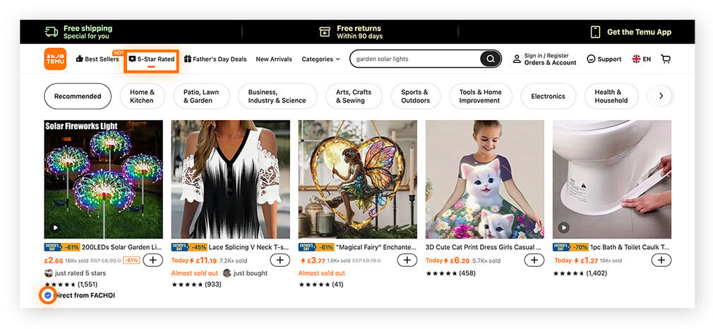 Temu.com 5-Star Rated page with the verified seller tick highlighted.