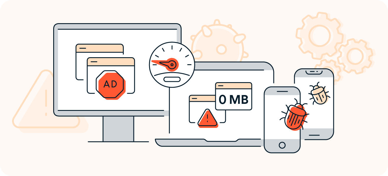 A graphic showing signs of a malicious code infection, including frequent pop-ups, erratic performance, and strange programs appearing on startup.