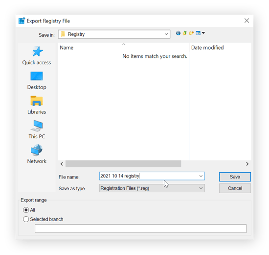Der Benutzer hat einen Speicherort und einen Namen für die Sicherungsdatei der Registrierung gewählt: 2021 10 14 registry.reg