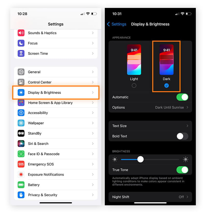 Switching your iOS display to dark mode to save phone battery.