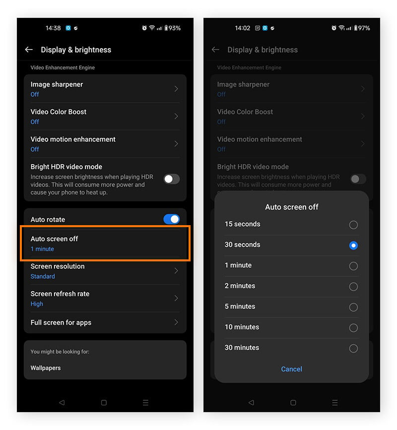 Managing screen timeout settings on Android.