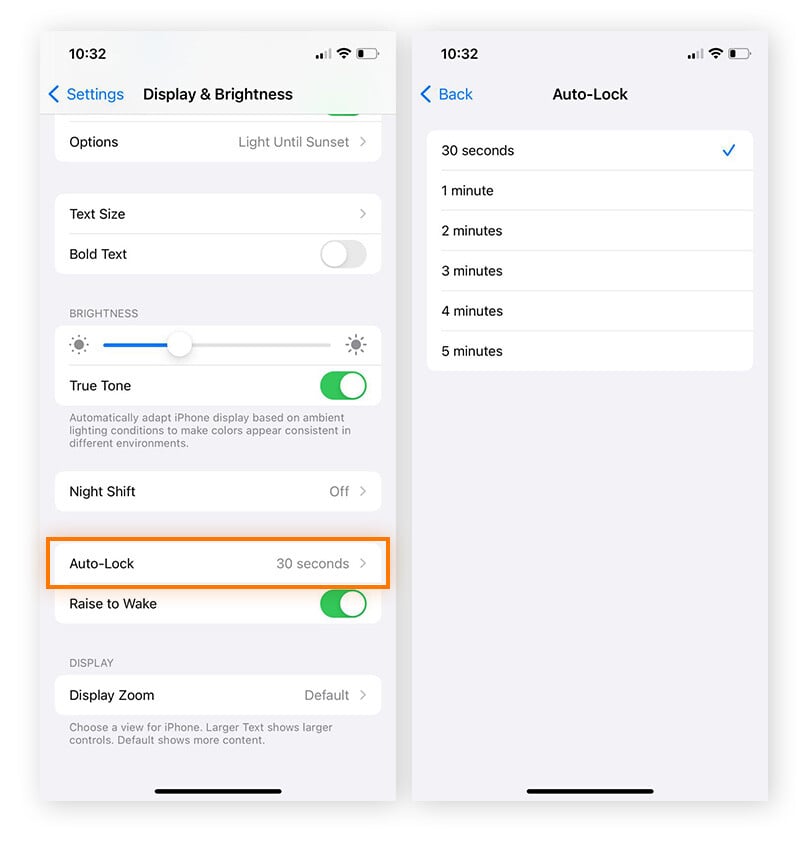 Adjusting screen timeout settings on iOS.