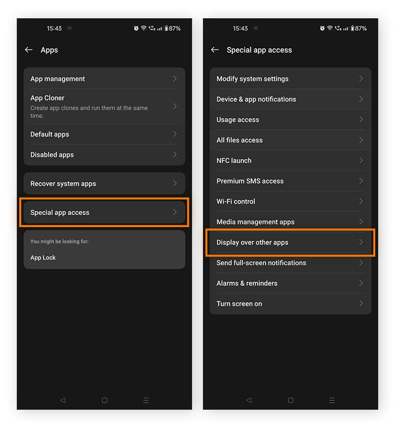 Navigating to picture-in-picture settings on Android.