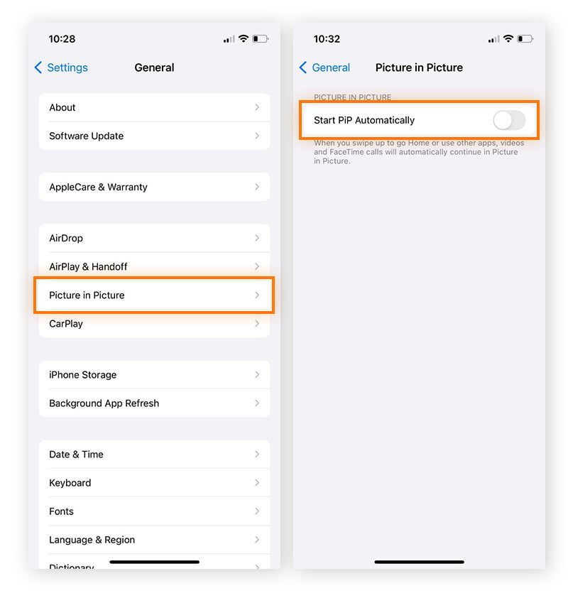 Turning off the automatic picture-in-picture setting on iOS to save battery power.