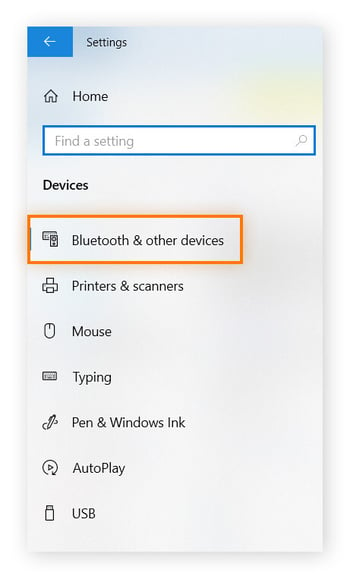 Windows settings with Bluetooth and other devices option highlighted