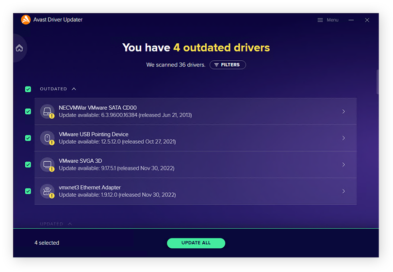 Avast Driver Updater showing a list of out of date drivers