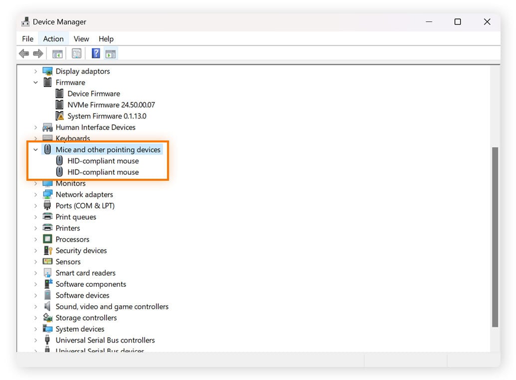 Device Manager with Mice and other pointing devices option expanded