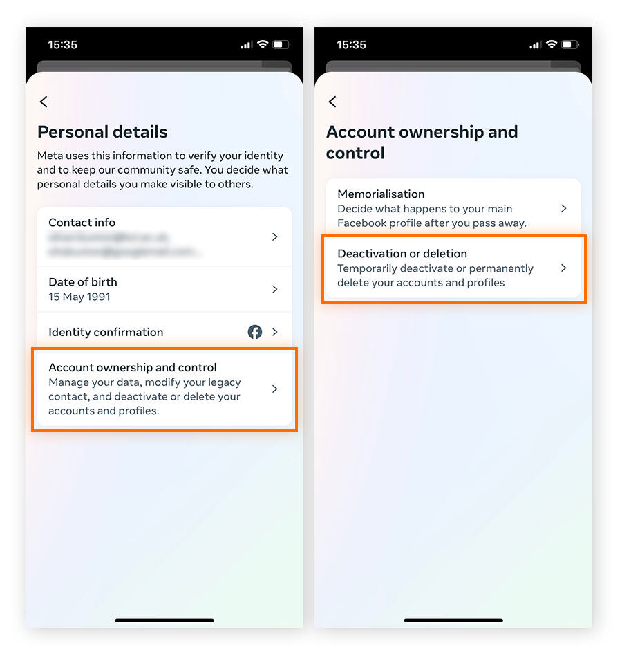 Tap Account ownership and control, then Deactivation or deletion.