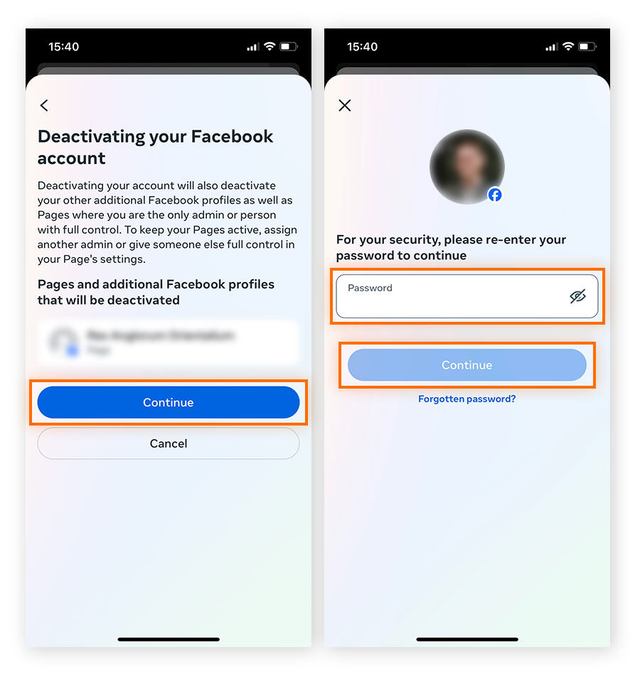  If you have additional Facebook pages, tap Continue, then enter your password and tap Continue to confirm.