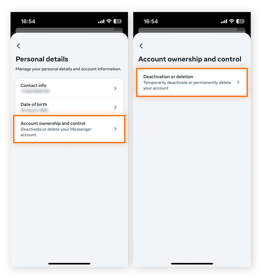  To deactivate Messenger, go back to Account ownership and control and tap Deactivation or deletion.