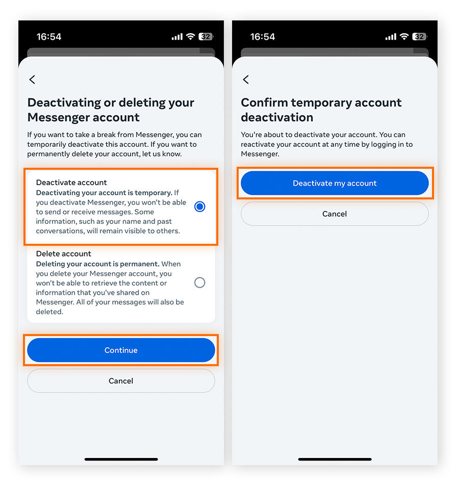  Tap Deactivate account, Continue, then Deactivate my account to confirm you want to deactivate Messenger.