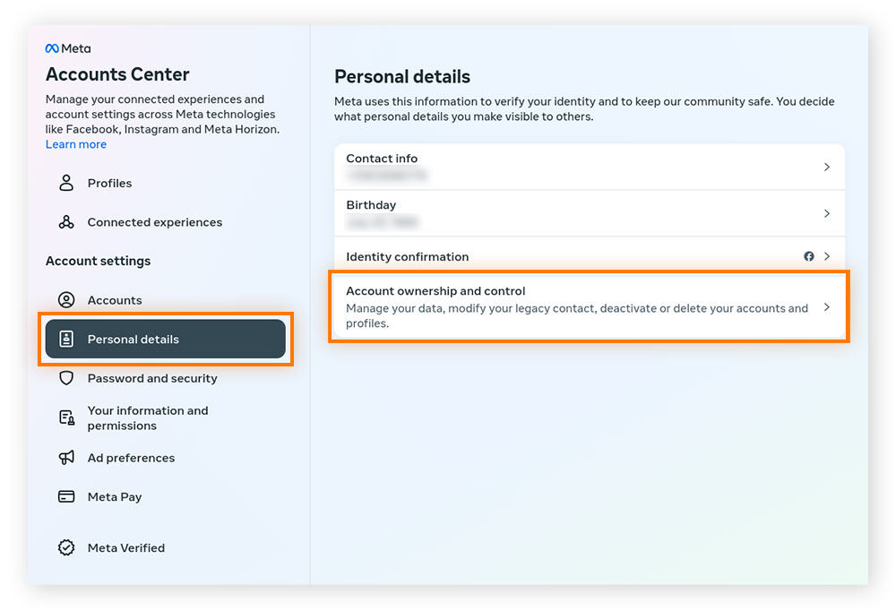  Click Personal details on the left, then Account ownership and control.