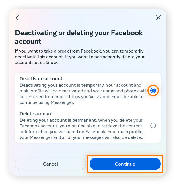 Click the button next to Deactivate account, then Continue.