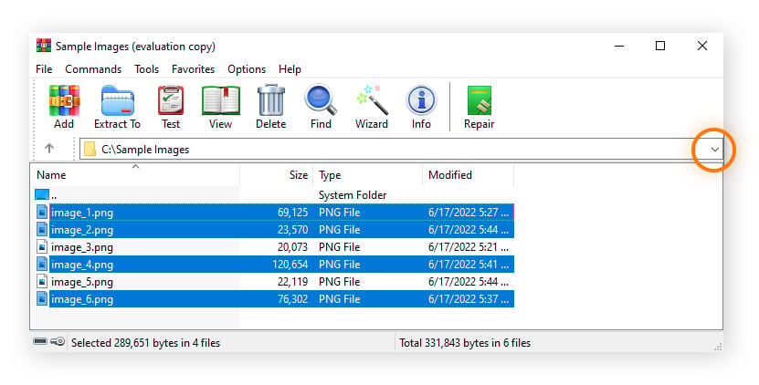 Une fenêtre WinRar ouverte avec des fichiers sélectionnés prêts à être compressés au format .rar.