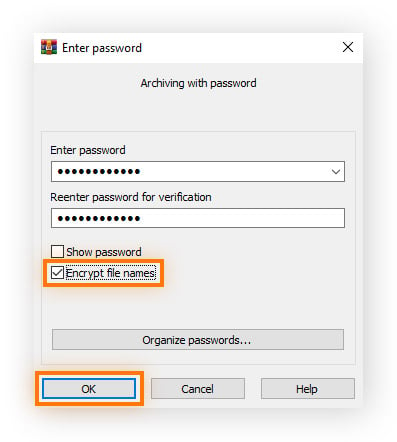  Fenêtre WinRAR permettant de créer un mot de passe avec une case à cocher pour chiffrer les noms de fichiers et le bouton OK.