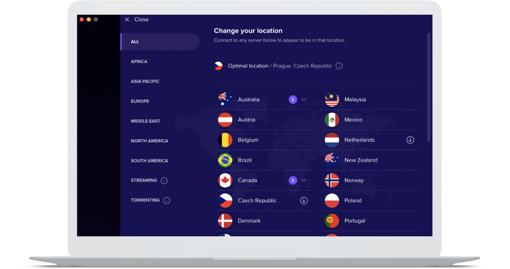 Die Liste der Serverstandorte in Avast SecureLine VPN nach Land und globaler Region.