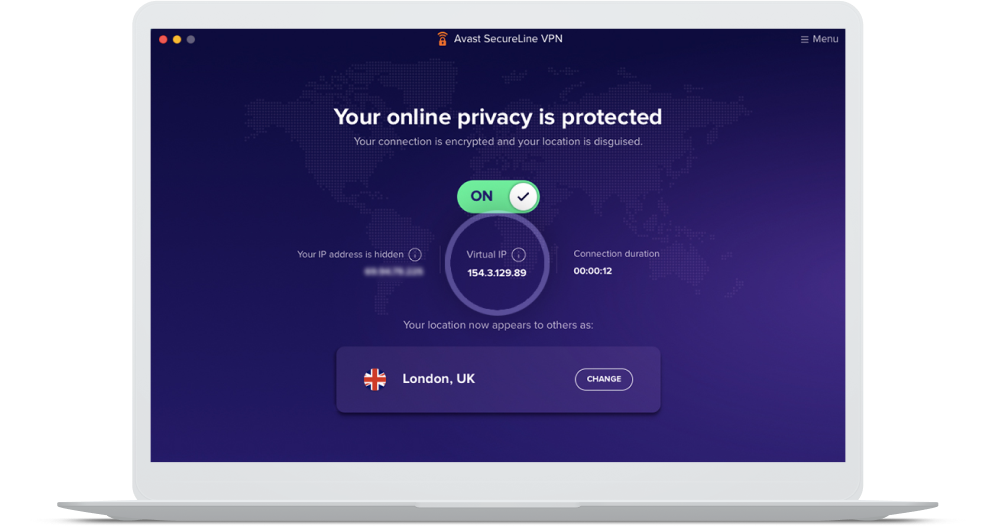 Im Startbildschirm von Avast SecureLine VPN ist der Serverstandort im Vereinigten Königreich und die virtuelle IP-Adresse zu sehen.